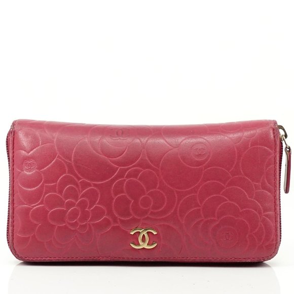 Auth Chanel Camellia Zippy Wallet Rose #3475C23